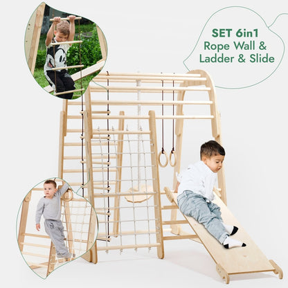 Aire de jeux intérieure en bois pour enfants - Aire de jeux 6-en-1 + Balançoires + Toboggan