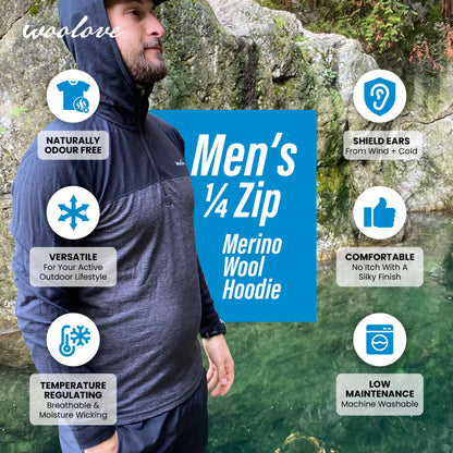 Chandail à capuchon à glissière courte en laine mérinos mi-lourde pour homme
