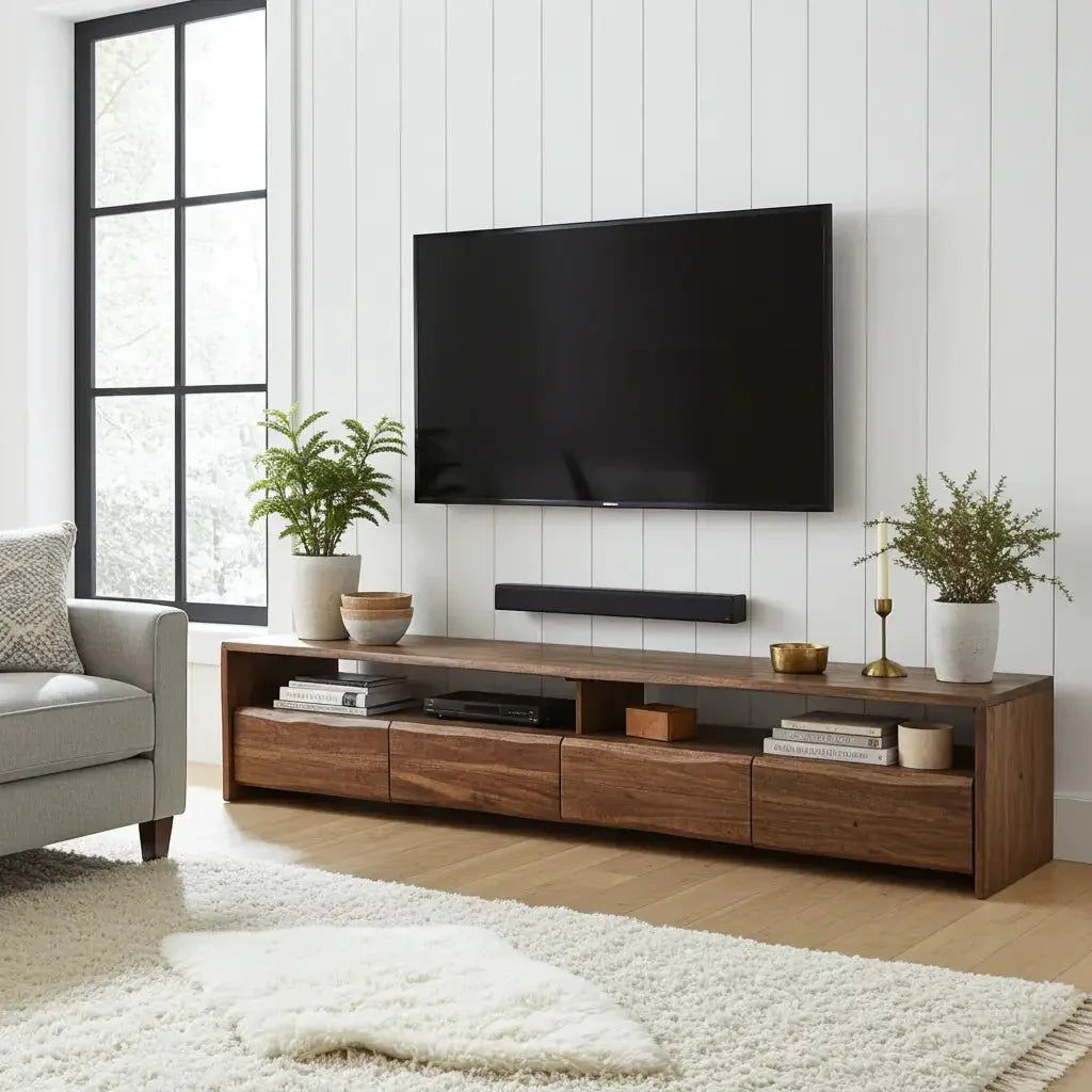 Meuble TV en acacia massif Live Edge (noyer) avec 4 tiroirs