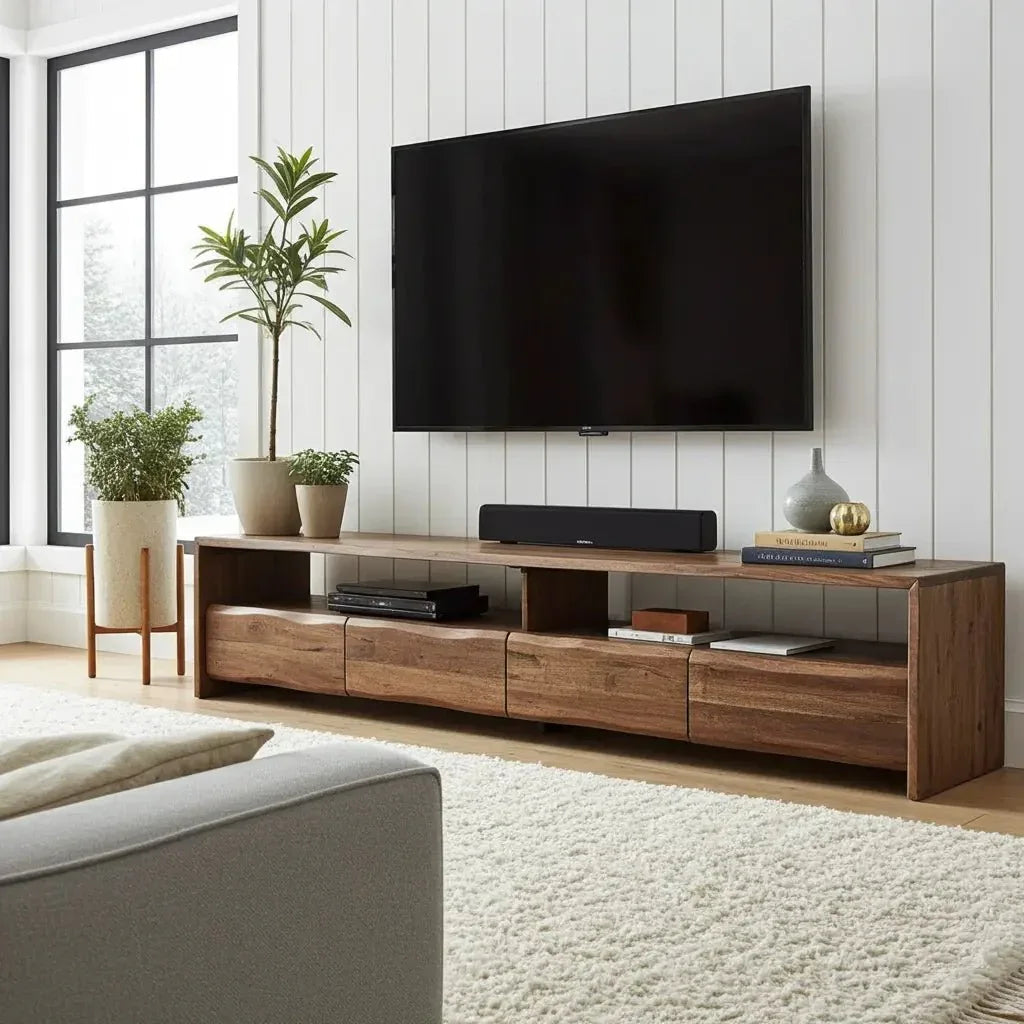 Meuble TV en acacia massif Live Edge (noyer) avec 4 tiroirs