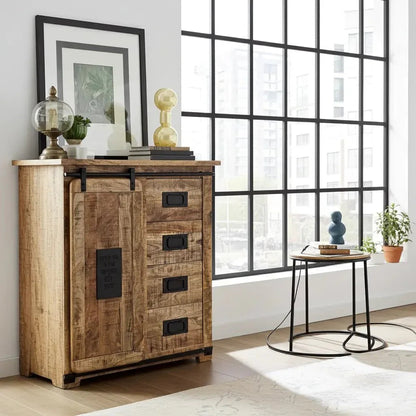 Farmhouse Wooden Mango Chest of Drawers with Sliding Door