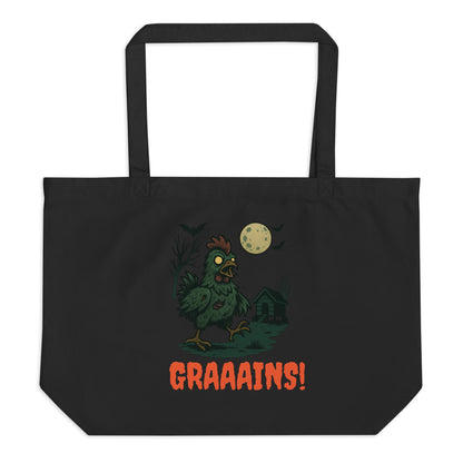 Halloween Chicken Zombie Scene large organic tote bag