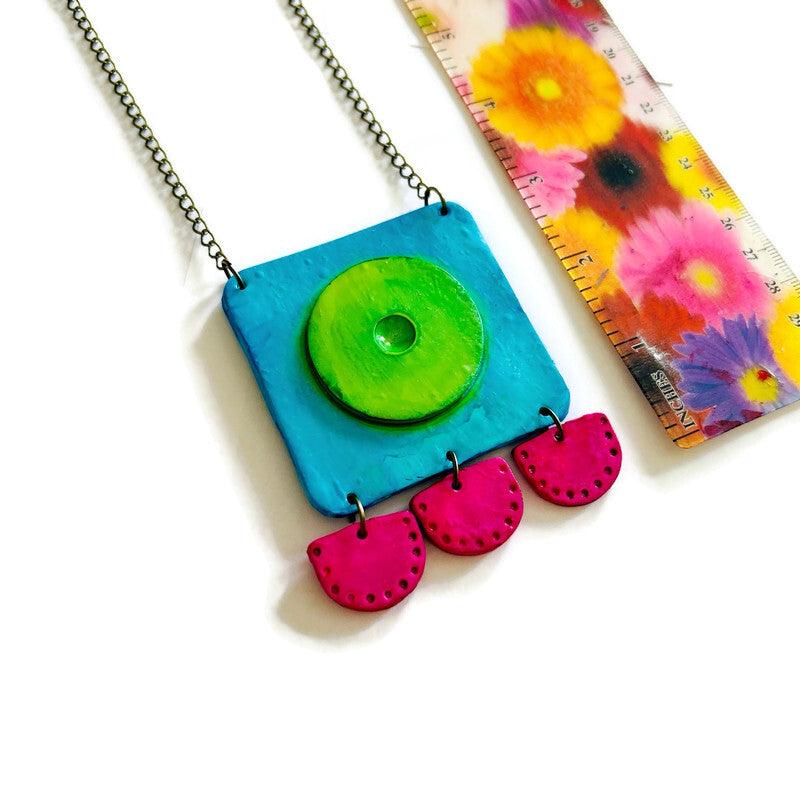 Grand collier pendentif géométrique néon, argile polymère faite à la main, boucles d'oreilles clous ou à clips