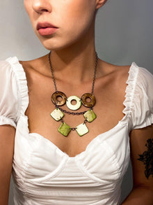 Layered Statement Necklace, Chartreuse Green, Bronze & Gold