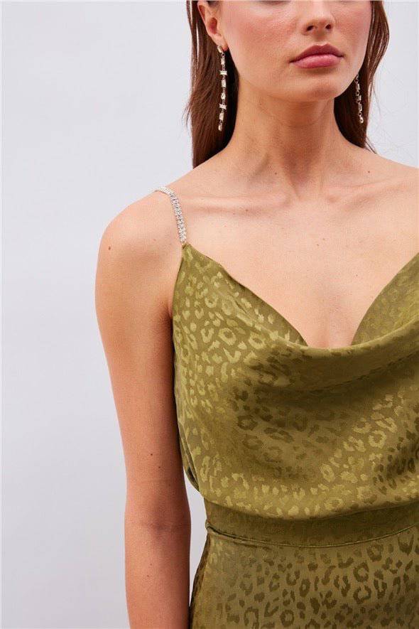 Haut Caraco Léopard à Bretelles Strass - Vert Olive