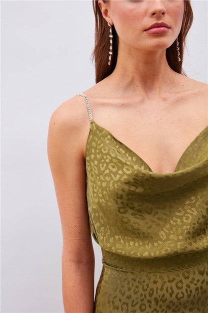 Haut Caraco Léopard à Bretelles Strass - Vert Olive