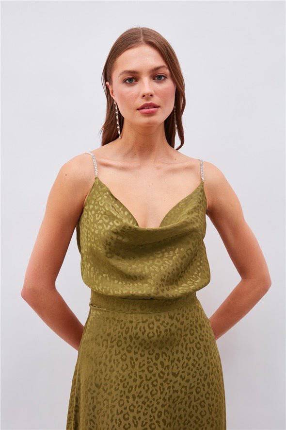 Haut Caraco Léopard à Bretelles Strass - Vert Olive