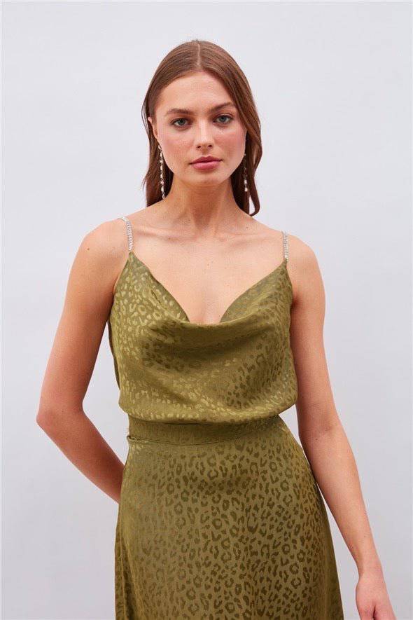 Haut Caraco Léopard à Bretelles Strass - Vert Olive