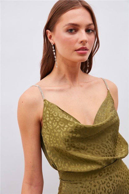 Haut Caraco Léopard à Bretelles Strass - Vert Olive
