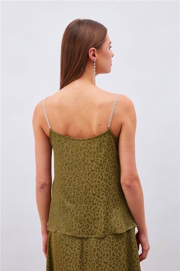 Haut Caraco Léopard à Bretelles Strass - Vert Olive