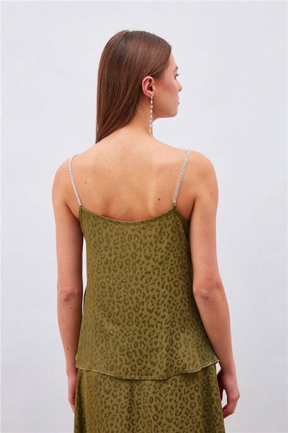 Haut Caraco Léopard à Bretelles Strass - Vert Olive