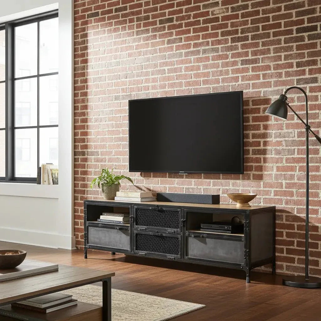 TV stand Ibiza in mango wood and raw steel