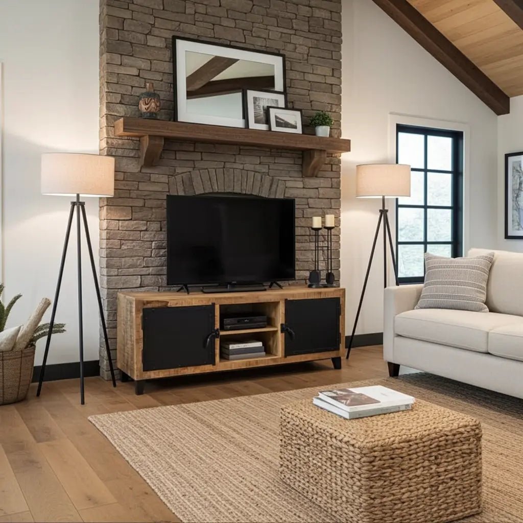 Meuble TV en bois de manguier avec porte en acier noir