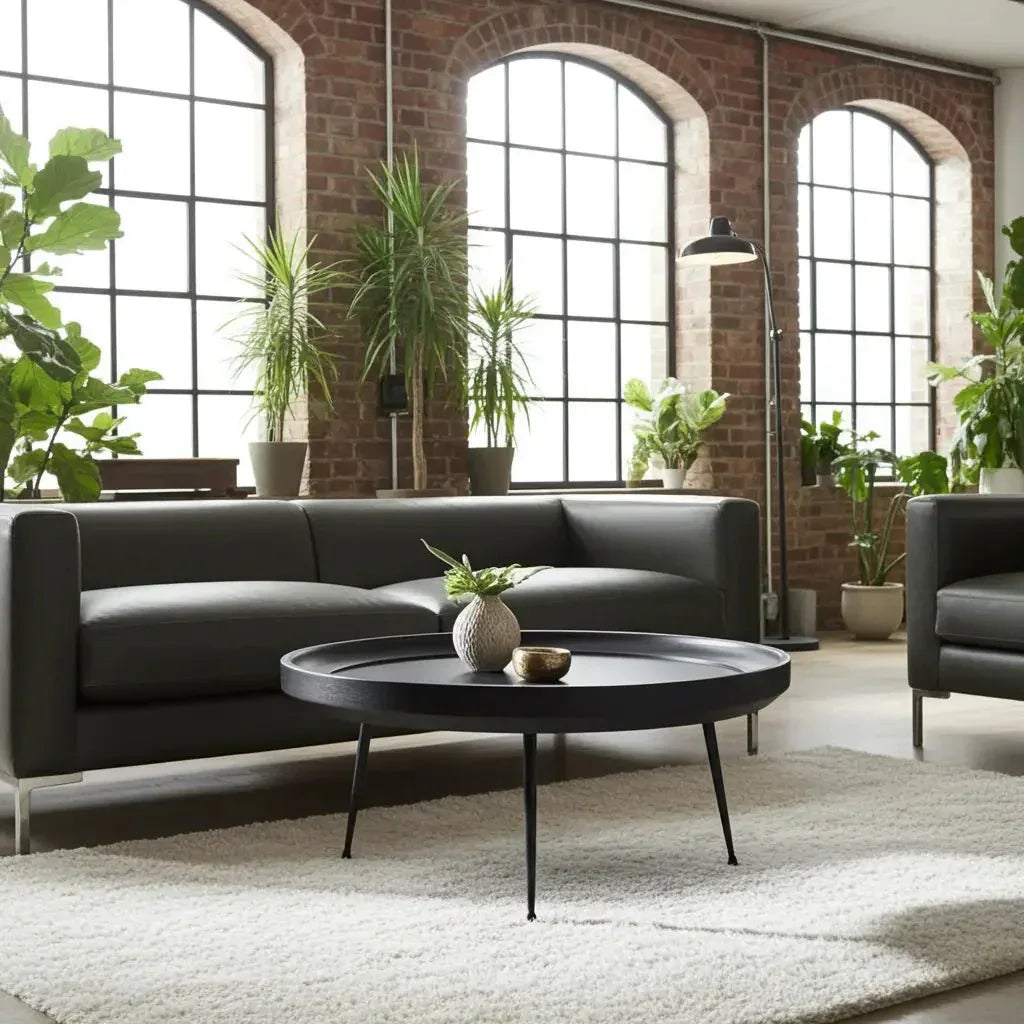 Round coffee table in black-finished mango wood