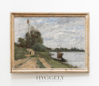 Estampe d'art paysager d'époque de style mélancolique au bord de la rivière L0164
