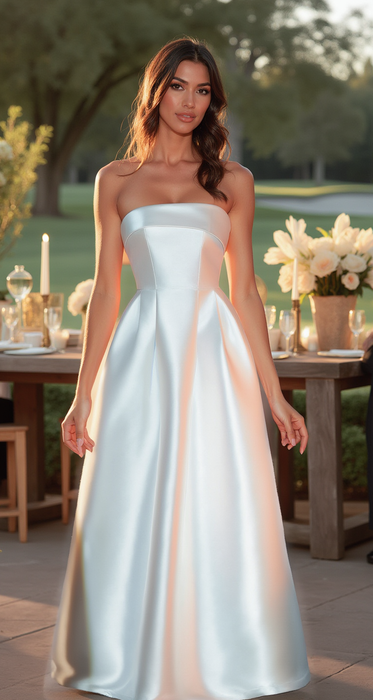 Robe longue bouffante en taffetas bustier - Blanche