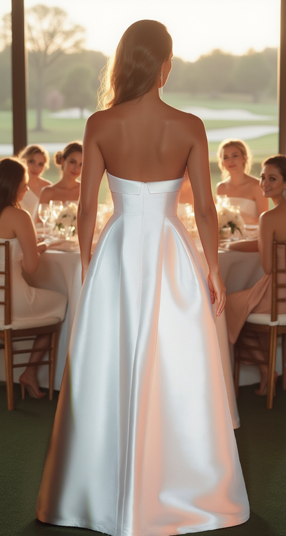 Robe longue bouffante en taffetas bustier - Blanche