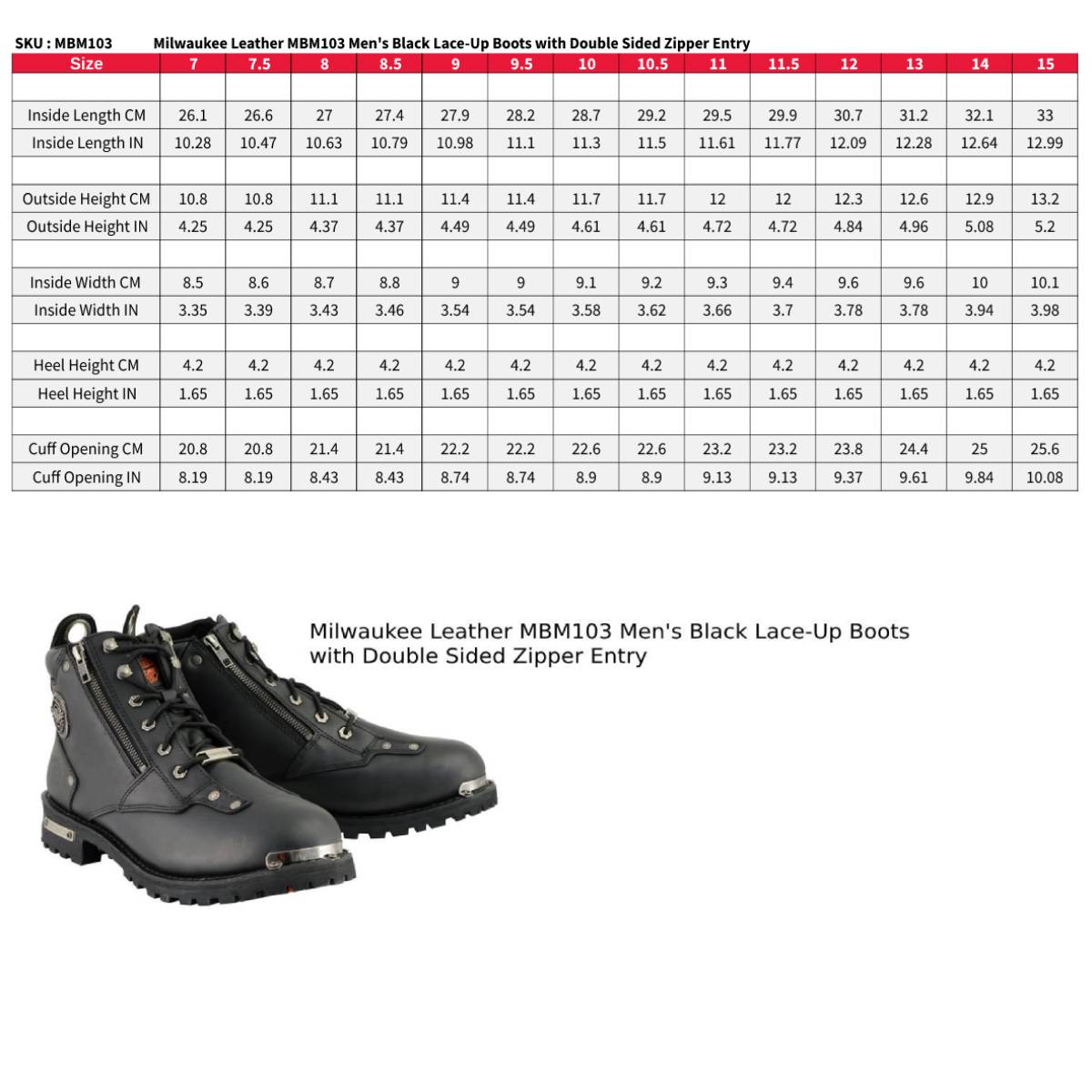 Bottes de moto lacées Milwaukee Leather 15,2 cm à double fermeture éclair pour hommes