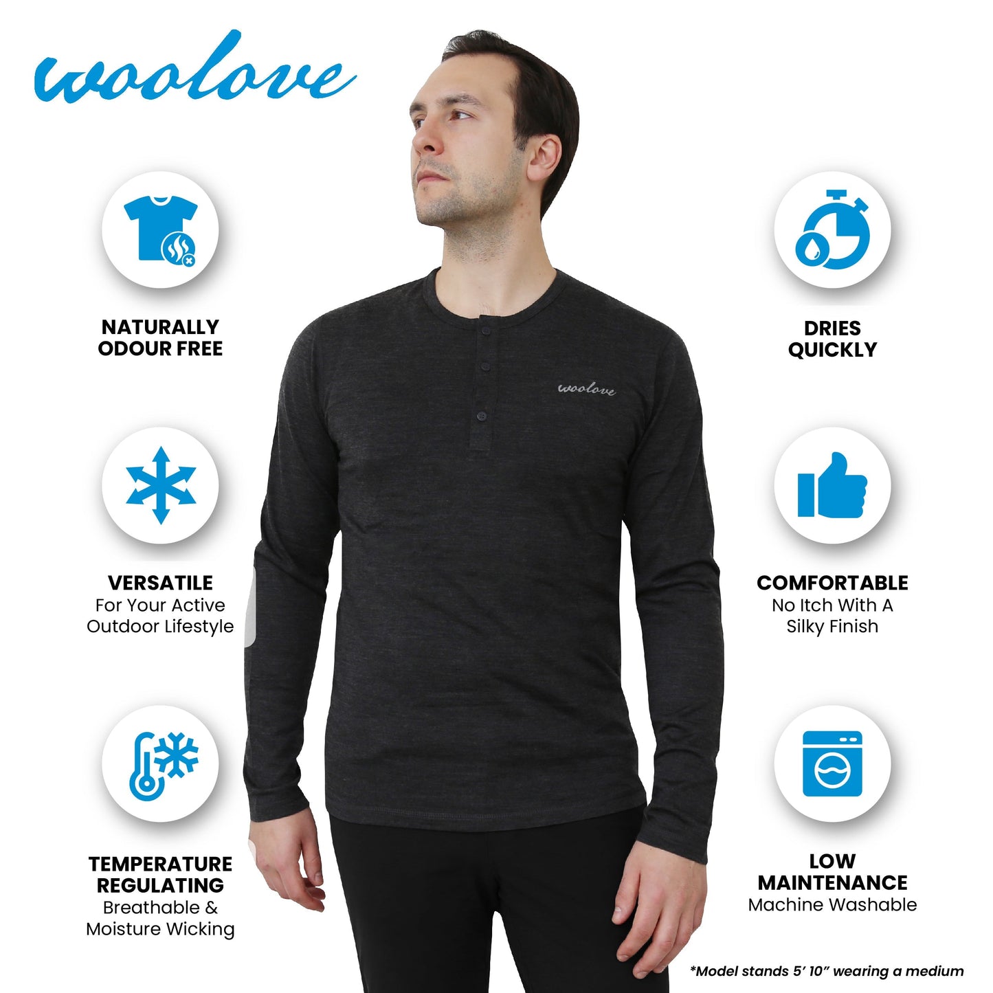Henley à manches longues en laine mérinos pour homme — Poids moyen