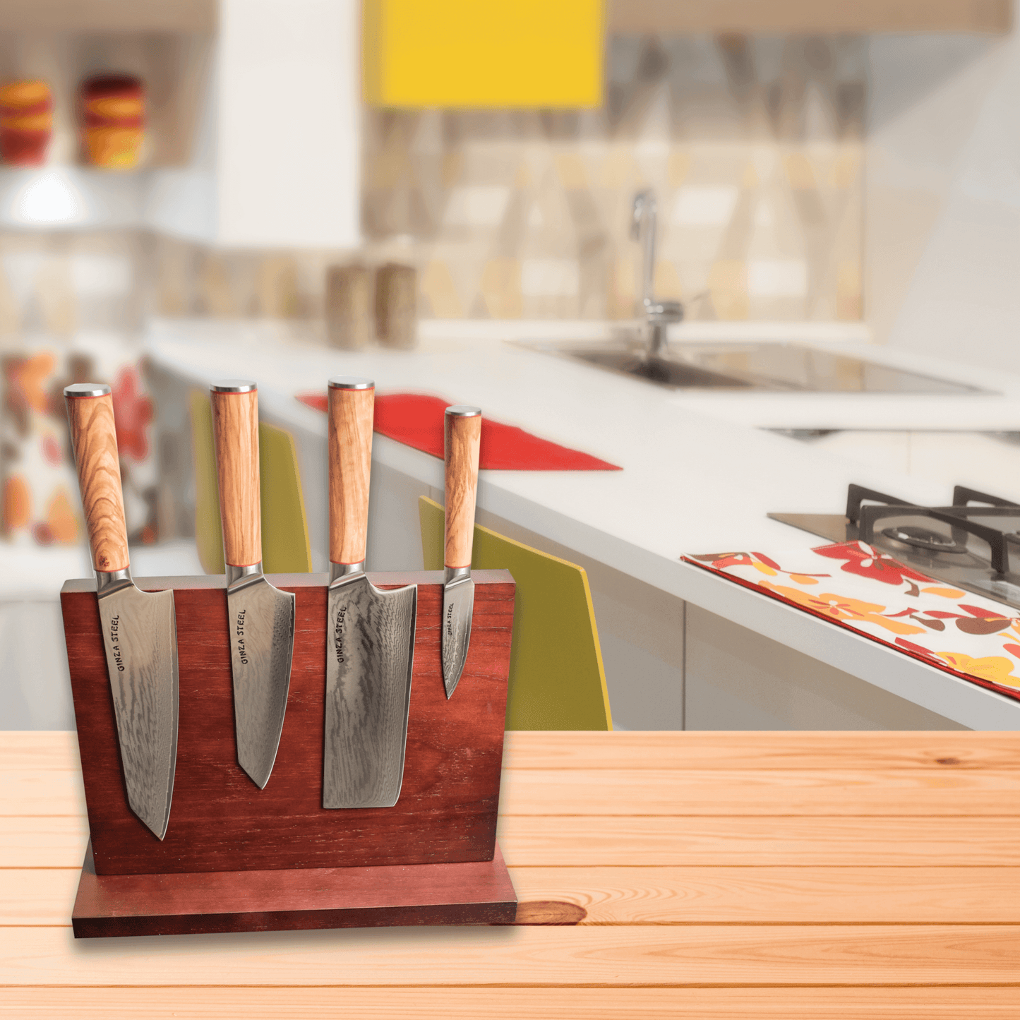 Ginza Steel Série KC MIA FIVE – Set de 5 couteaux essentiels avec bloc de bois magnétique
