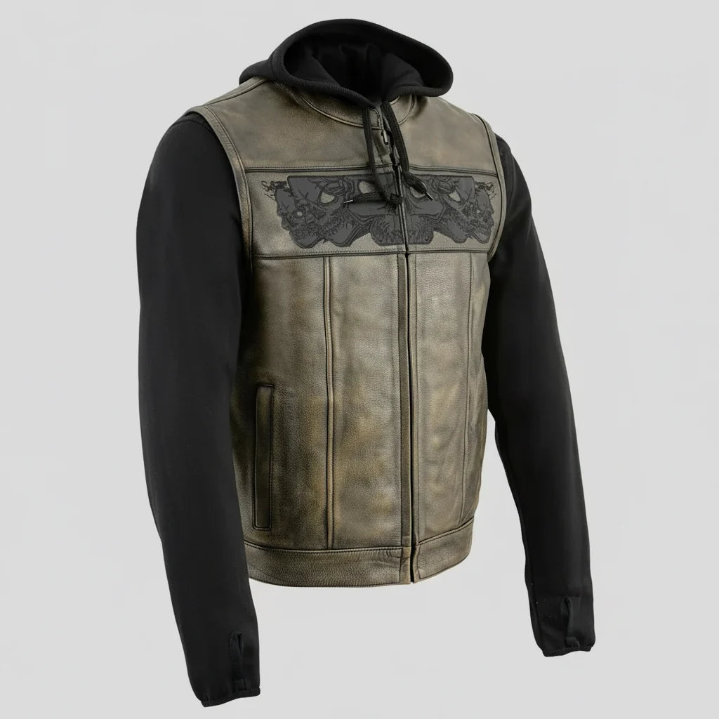 Milwaukee Leather Men's Skull Hoodie Leather Vest | 2-in-1 Moto Vest