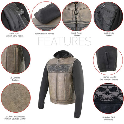 Milwaukee Leather Men's Skull Hoodie Leather Vest | 2-in-1 Moto Vest