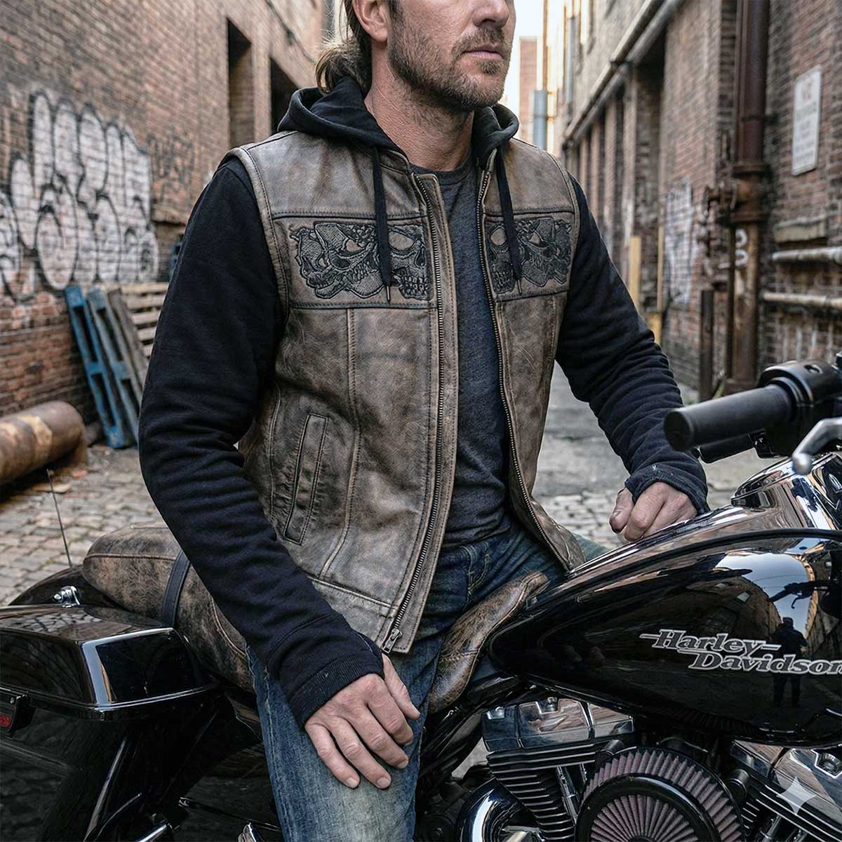 Milwaukee Leather Men's Skull Hoodie Leather Vest | 2-in-1 Moto Vest