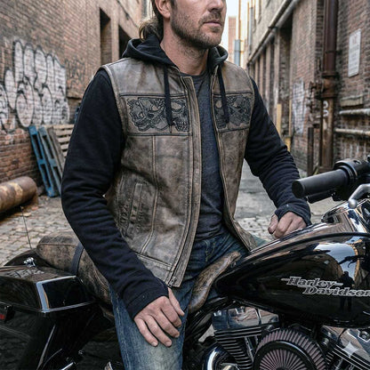 Milwaukee Leather Men's Skull Hoodie Leather Vest | 2-in-1 Moto Vest