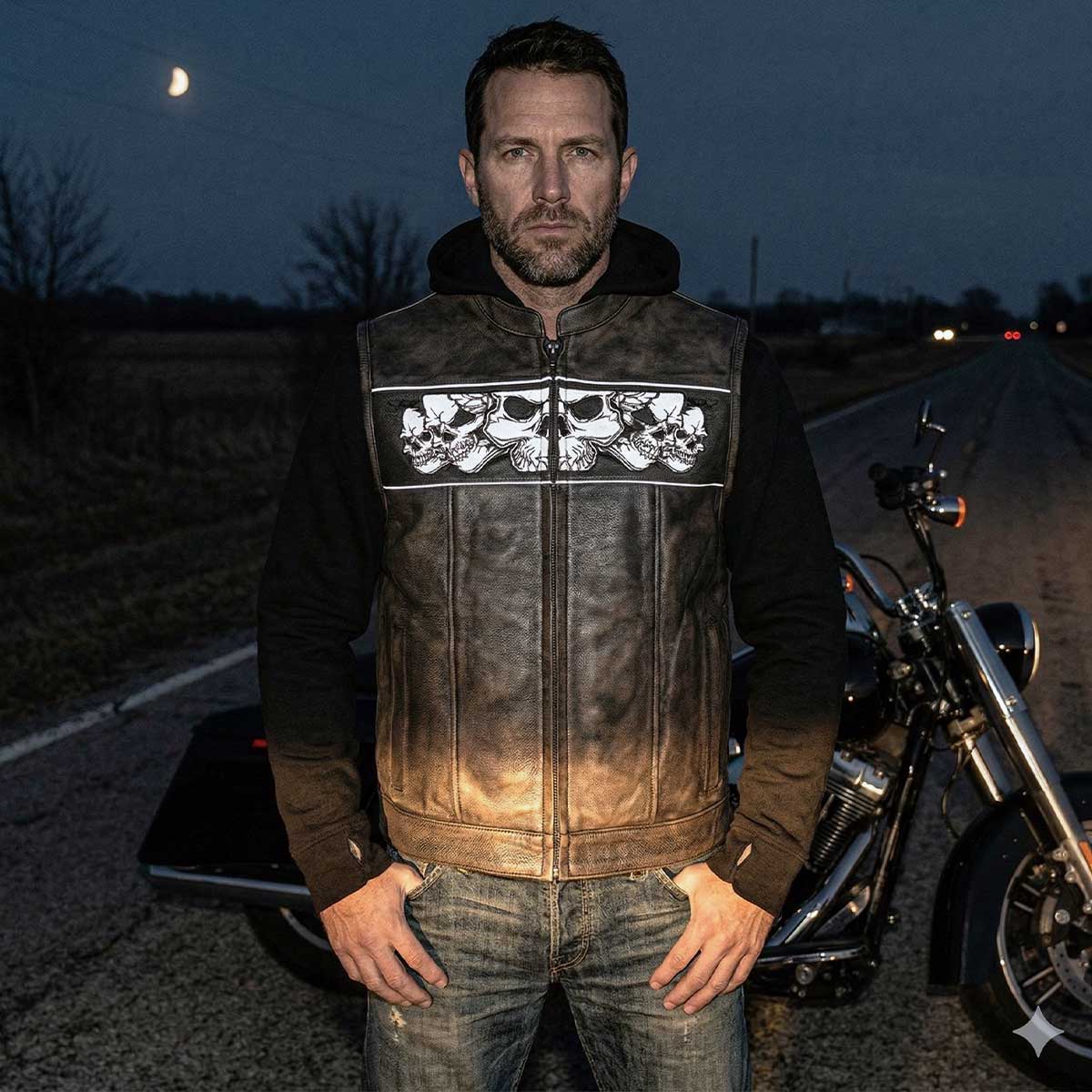 Milwaukee Leather Men's Skull Hoodie Leather Vest | 2-in-1 Moto Vest