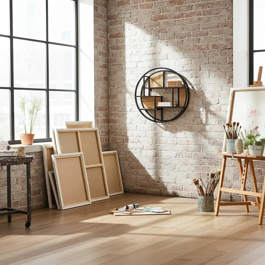 Mango wood and steel round wall shelf