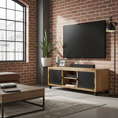 Meuble TV en bois de manguier avec porte en acier noir