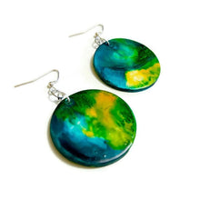 Northern Light Earrings, Abstract Statement Disc Earrings Handmade, Large Clay Earrings Painted Alcohol Ink, Northern Canada Newfoundland