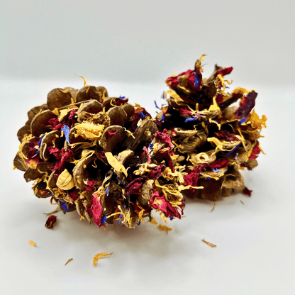 Pommes de pin trempées de fleurs