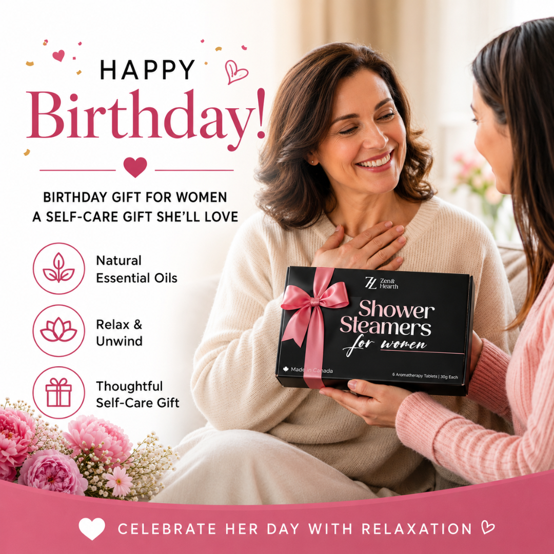 Ensemble-cadeau de bombes de douche Zen & Hearth – 6 parfums d'aromathérapie dans une boîte-cadeau haut de gamme | Cadeau de soins personnels aux huiles essentielles naturelles pour femmes, anniversaires et fêtes | Fait à la main au Canada