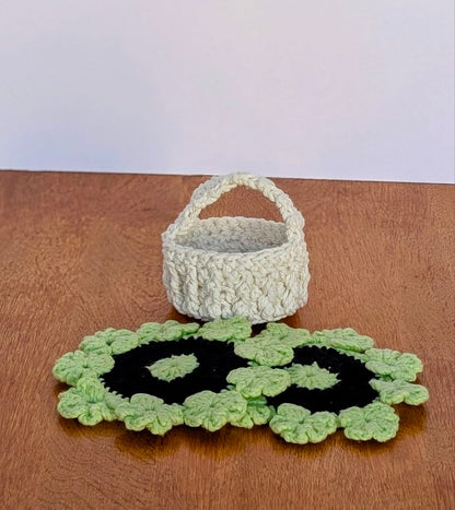 Crochet Flower Coaster Set with Basket - Handmade Cotton Drink Coasters