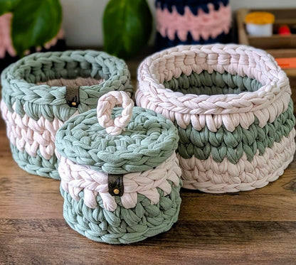 Crochet Decorative Baskets - Cotton T-shirt Yarn (Stackable Storage)