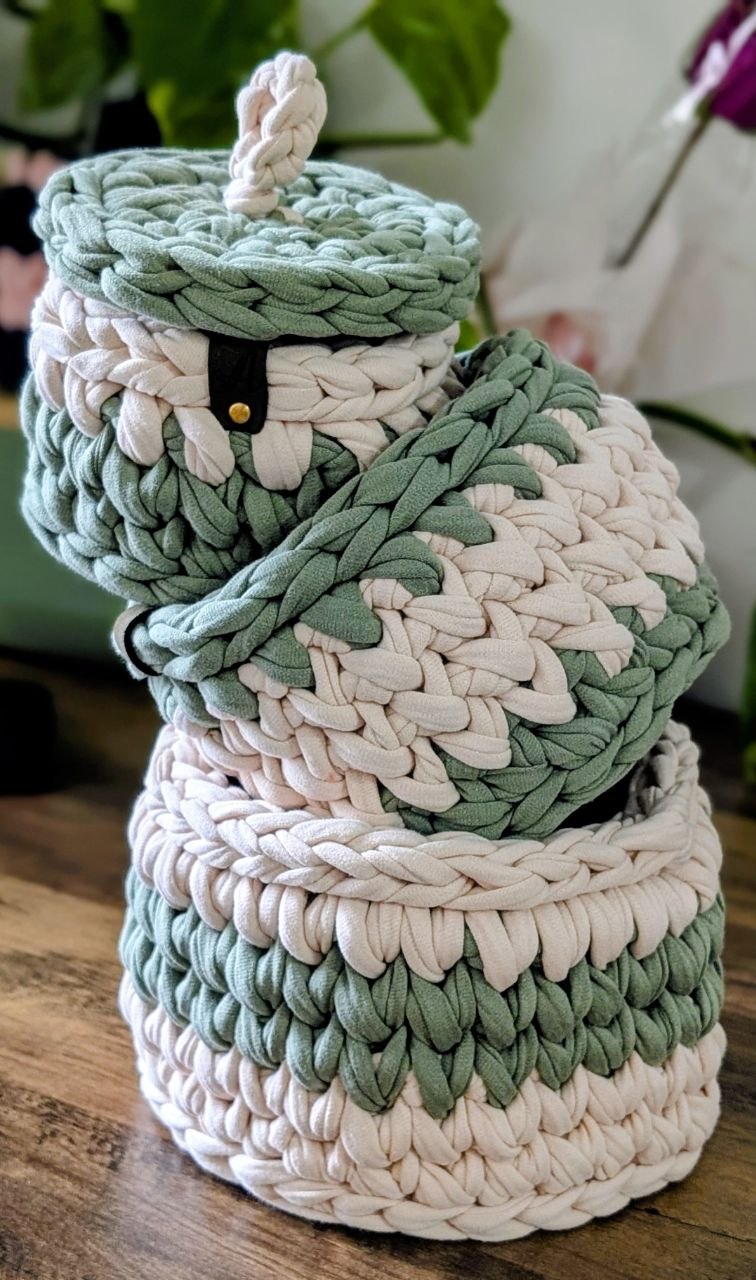 Crochet Decorative Baskets - Cotton T-shirt Yarn (Stackable Storage)