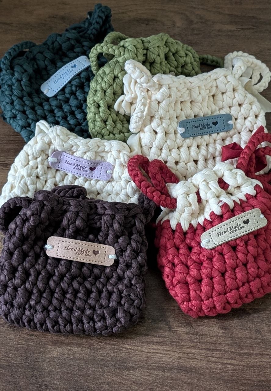 Handmade Crochet Drawstring Pouch - Mini Bag Polyester Blend T-Shirt Yarn (4"x4.5")