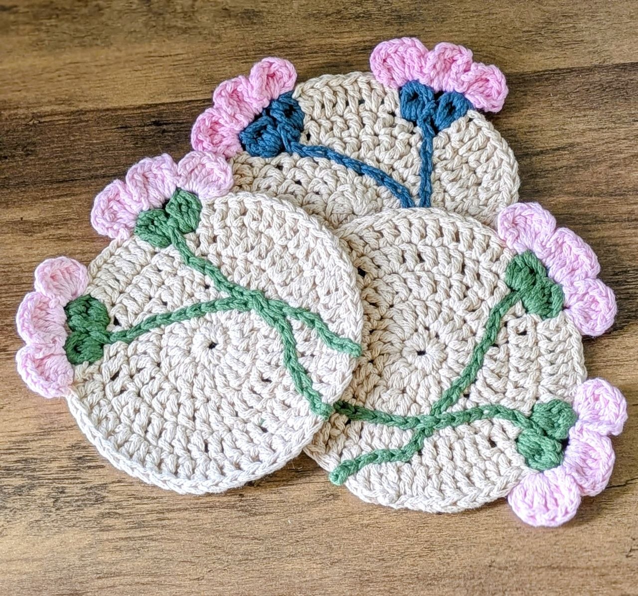 Crochet Flower (w/ Stem) Coaster Set - Handmade Cotton Drink Coasters