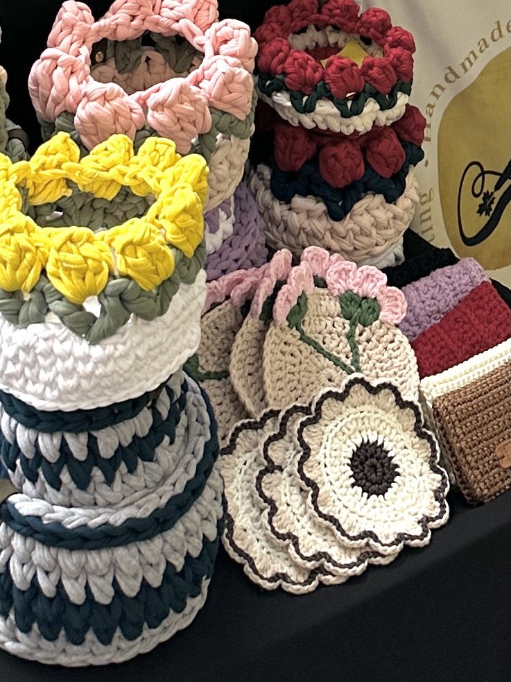 Crochet Flower (w/ Stem) Coaster Set - Handmade Cotton Drink Coasters