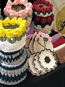 Crochet Flower (w/ Stem) Coaster Set - Handmade Cotton Drink Coasters
