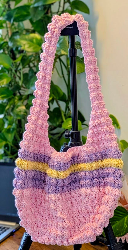 Crochet Bobble Tote Bag - Handmade Cotton Yarn Purse (18"x11")