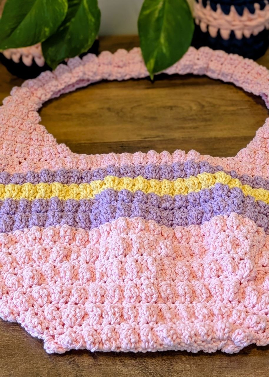 Crochet Bobble Tote Bag - Handmade Cotton Yarn Purse (18"x11")
