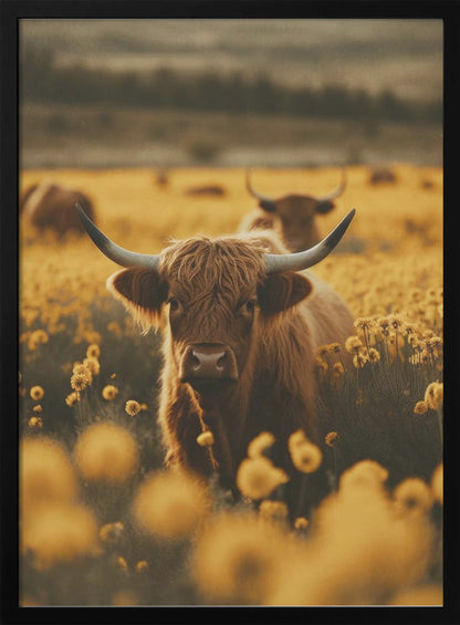 Art mural vaches des Highlands dans un champ de fleurs