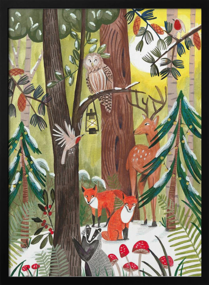 Décoration murale Forêt de Noël verte avec animaux Impression sur toile