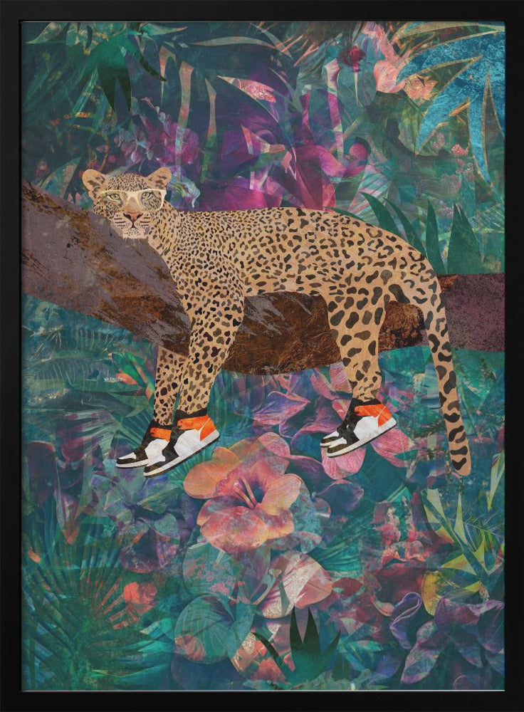 Décoration murale Jungle tropicale fleurie - Léopard portant des chaussures