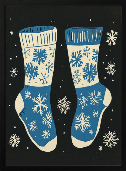 Décoration murale Chaussettes vintage en tricot bleu sur fond noir - Impression sur toile