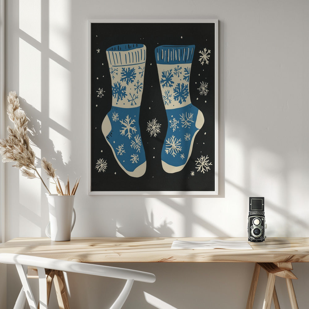 Décoration murale Chaussettes vintage en tricot bleu sur fond noir - Impression sur toile