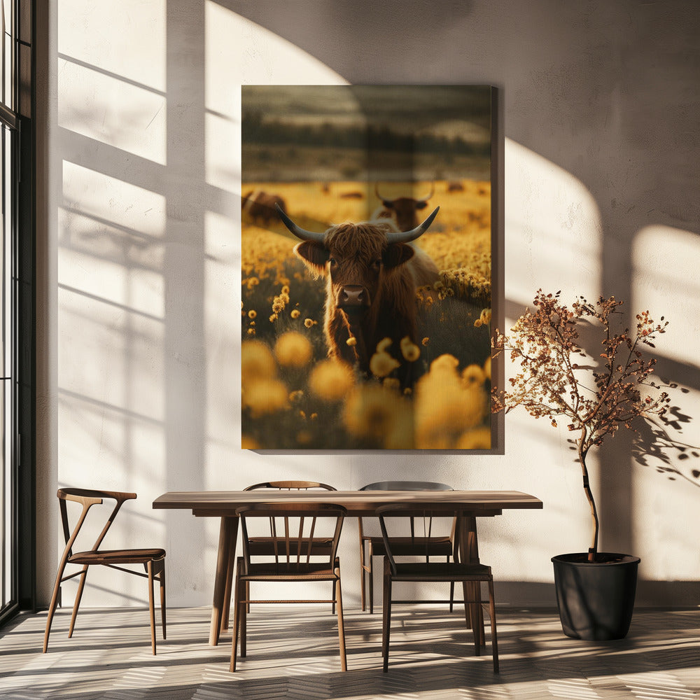 Art mural vaches des Highlands dans un champ de fleurs