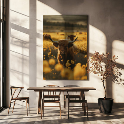 Art mural vaches des Highlands dans un champ de fleurs